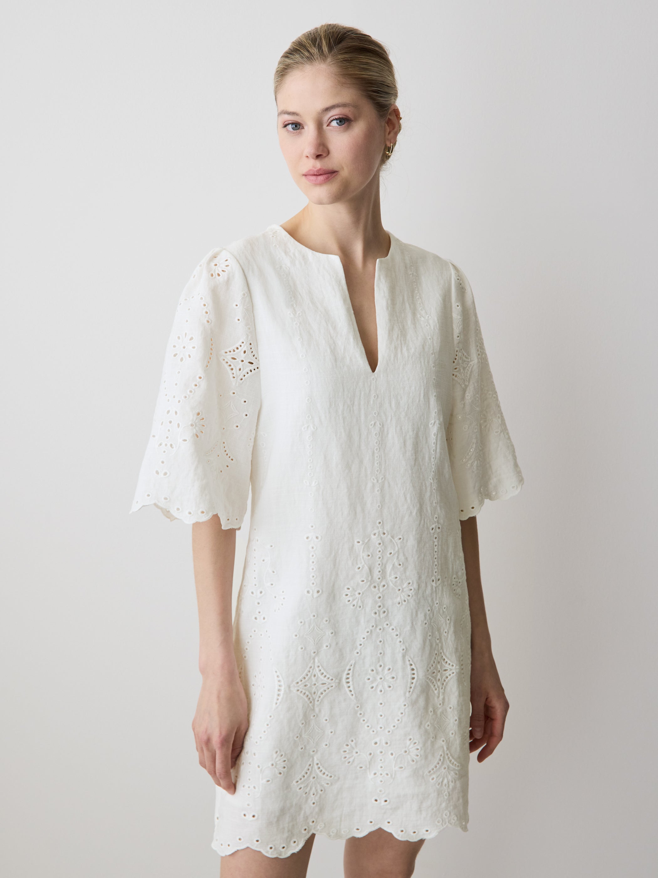 RW&CO Split-Neck Flare Mini Dress with Embroideries