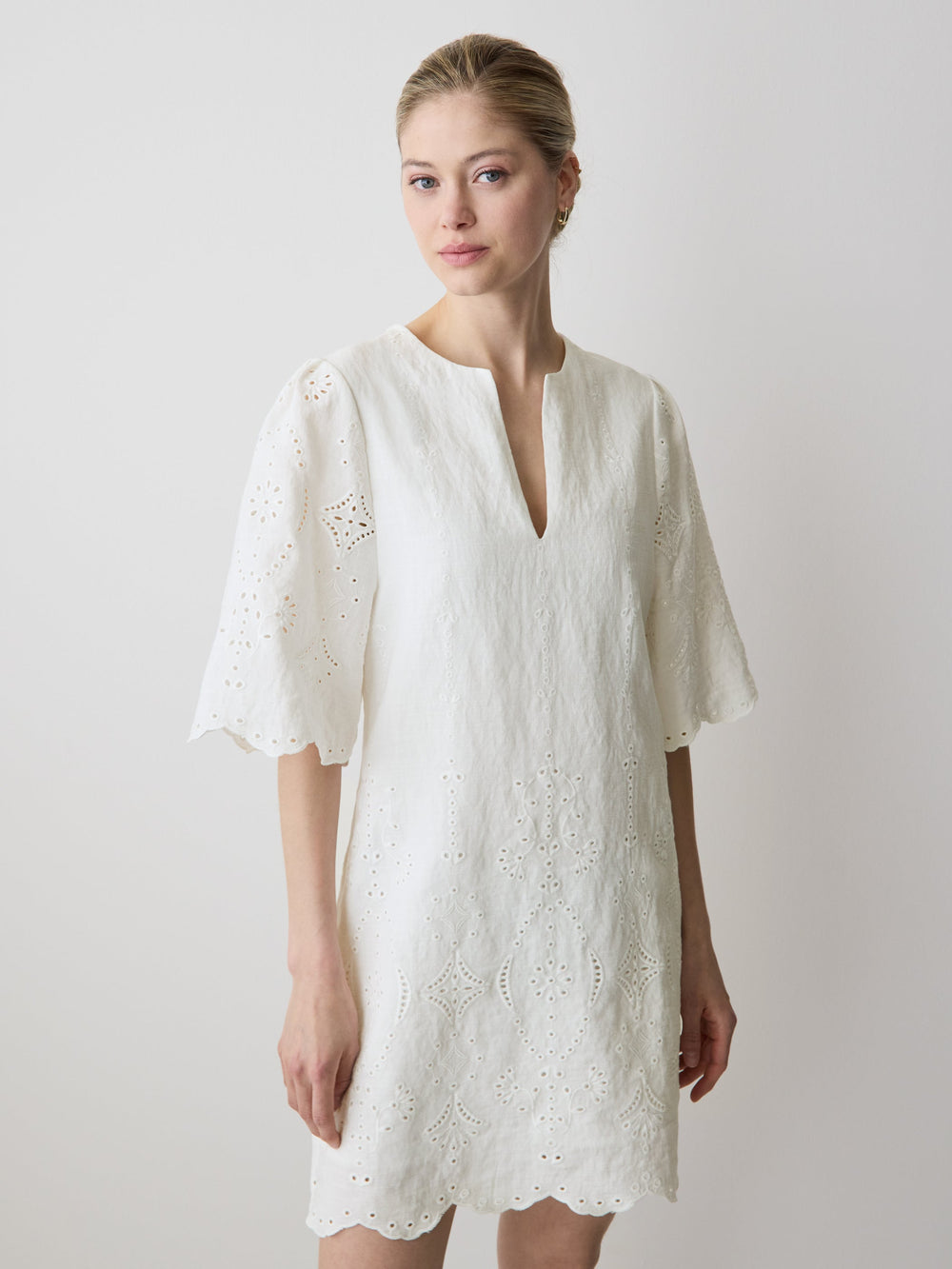 RW&CO Split-Neck Flare Mini Dress with Embroideries