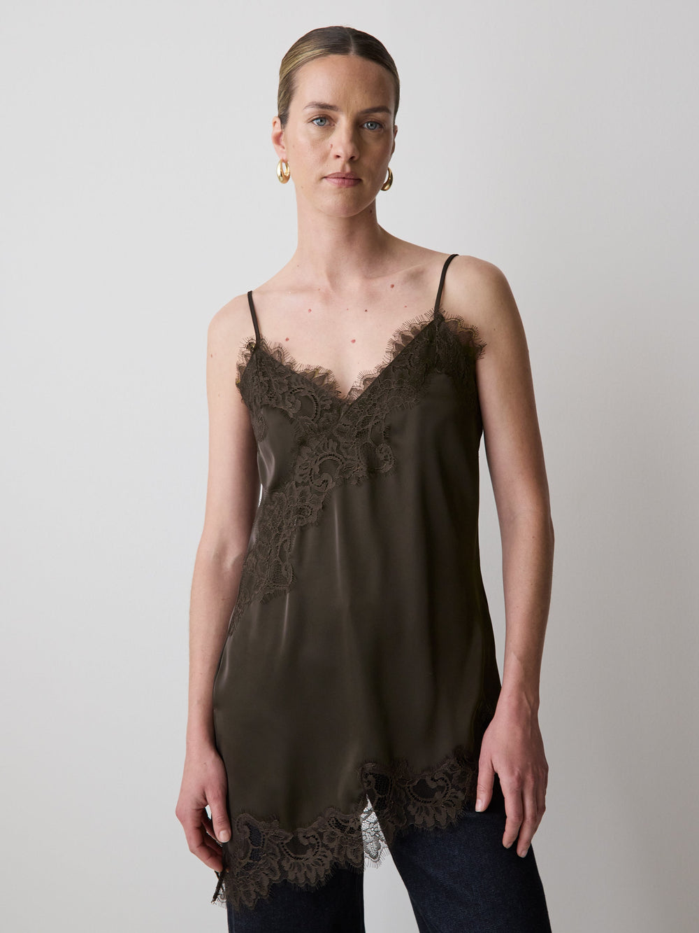 RW&CO Sleeveless V-Neck Satin Blouse with Lace Trims