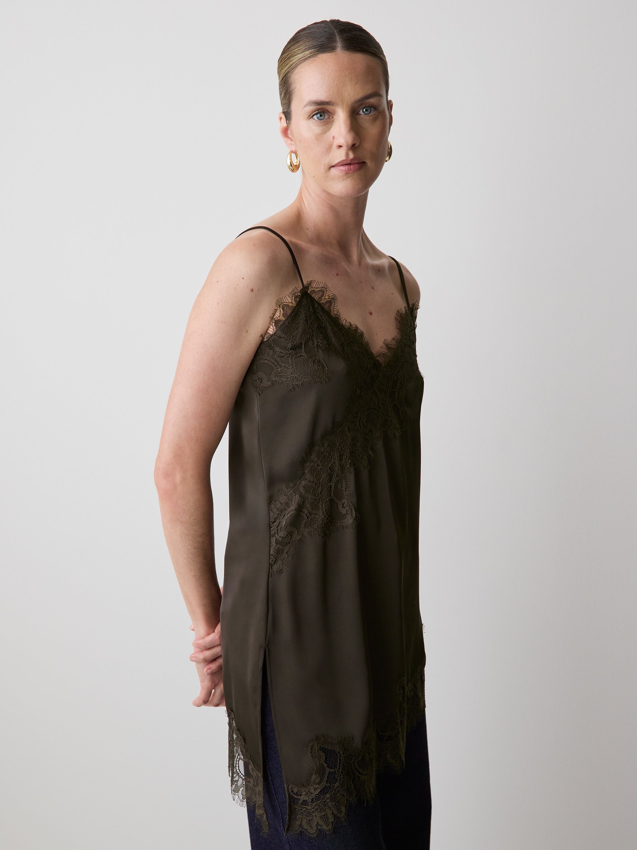 RW&CO Sleeveless V-Neck Satin Blouse with Lace Trims