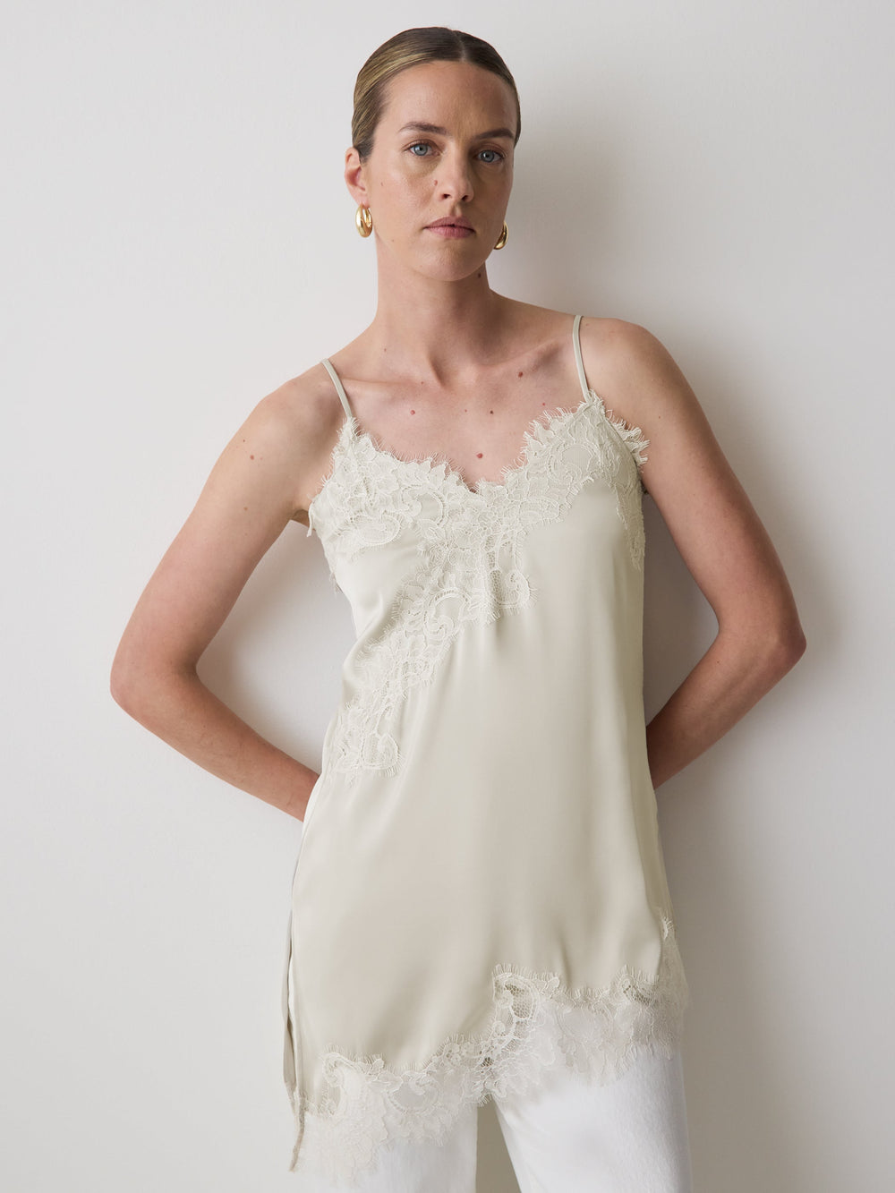 RW&CO Sleeveless V-Neck Satin Blouse with Lace Trims