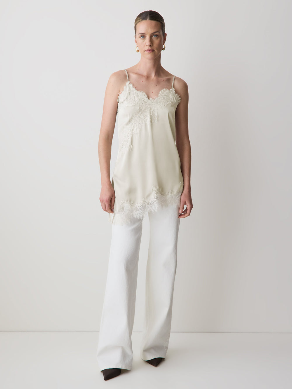 RW&CO Sleeveless V-Neck Satin Blouse with Lace Trims