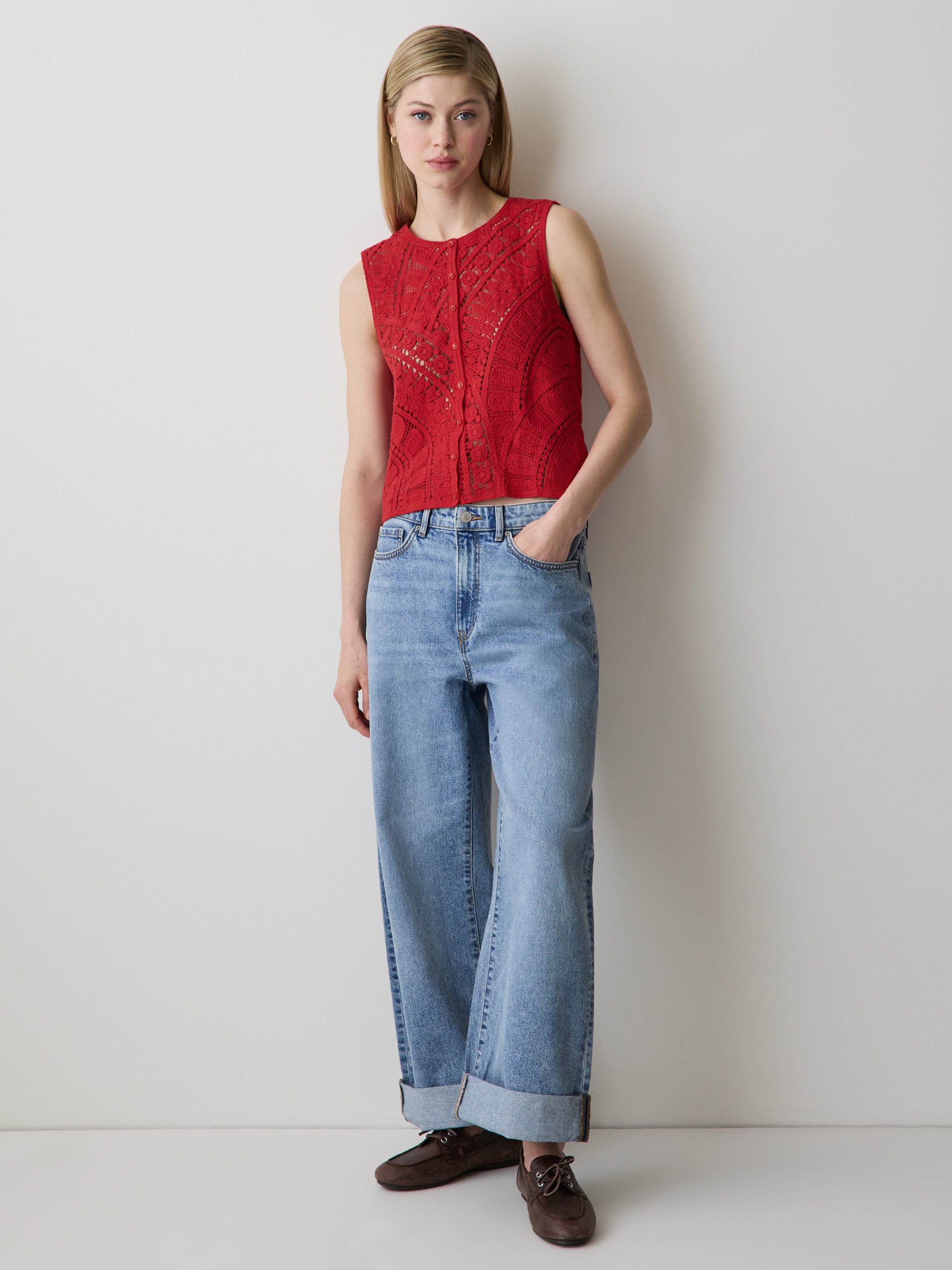 RW&CO Buttoned-Down Crochet Tank Top