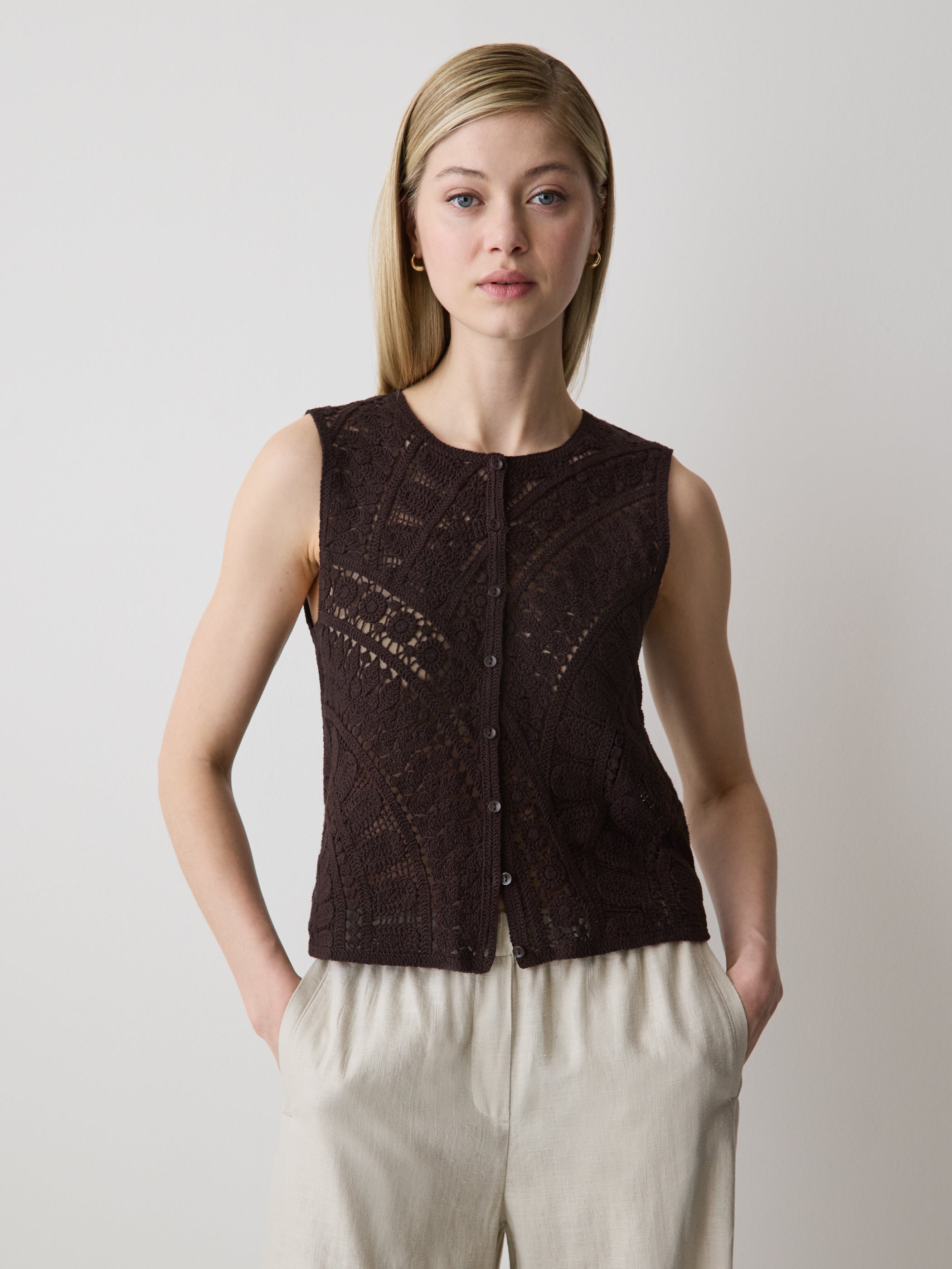 RW&CO Buttoned-Down Crochet Tank Top