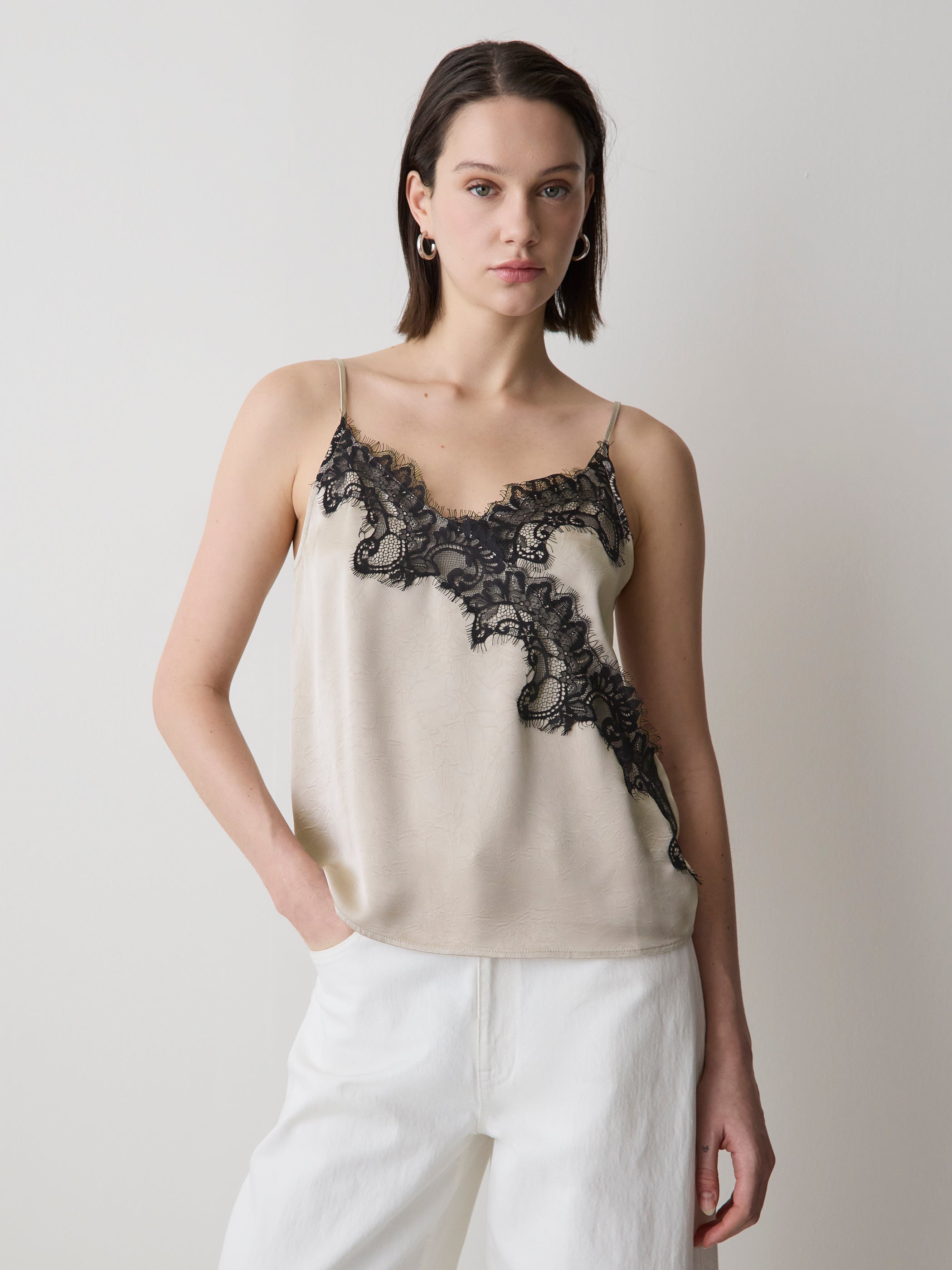 RW&CO Sleeveless V-Neck Satin Blouse with Lace Trim