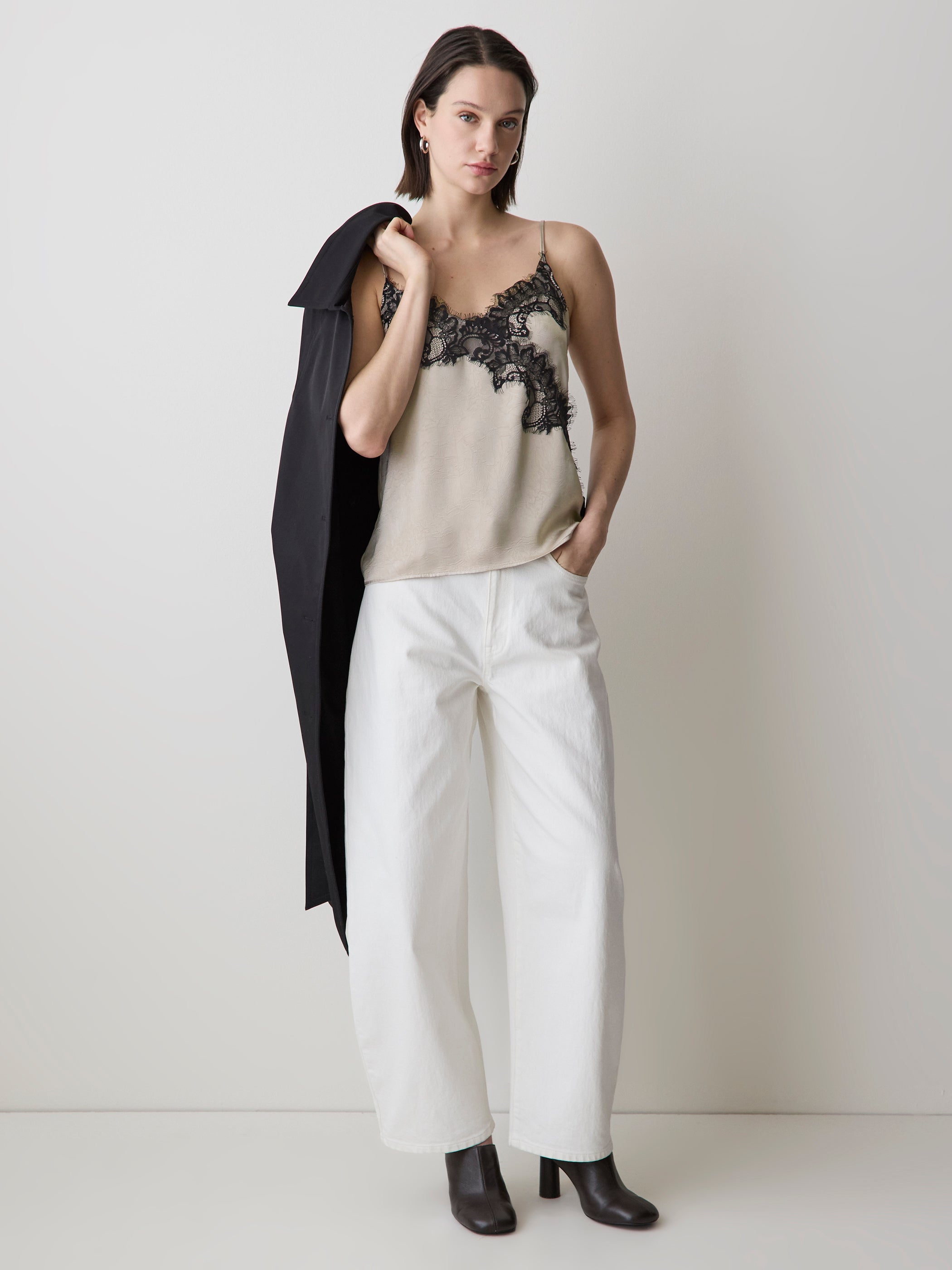 RW&CO Sleeveless V-Neck Satin Blouse with Lace Trim