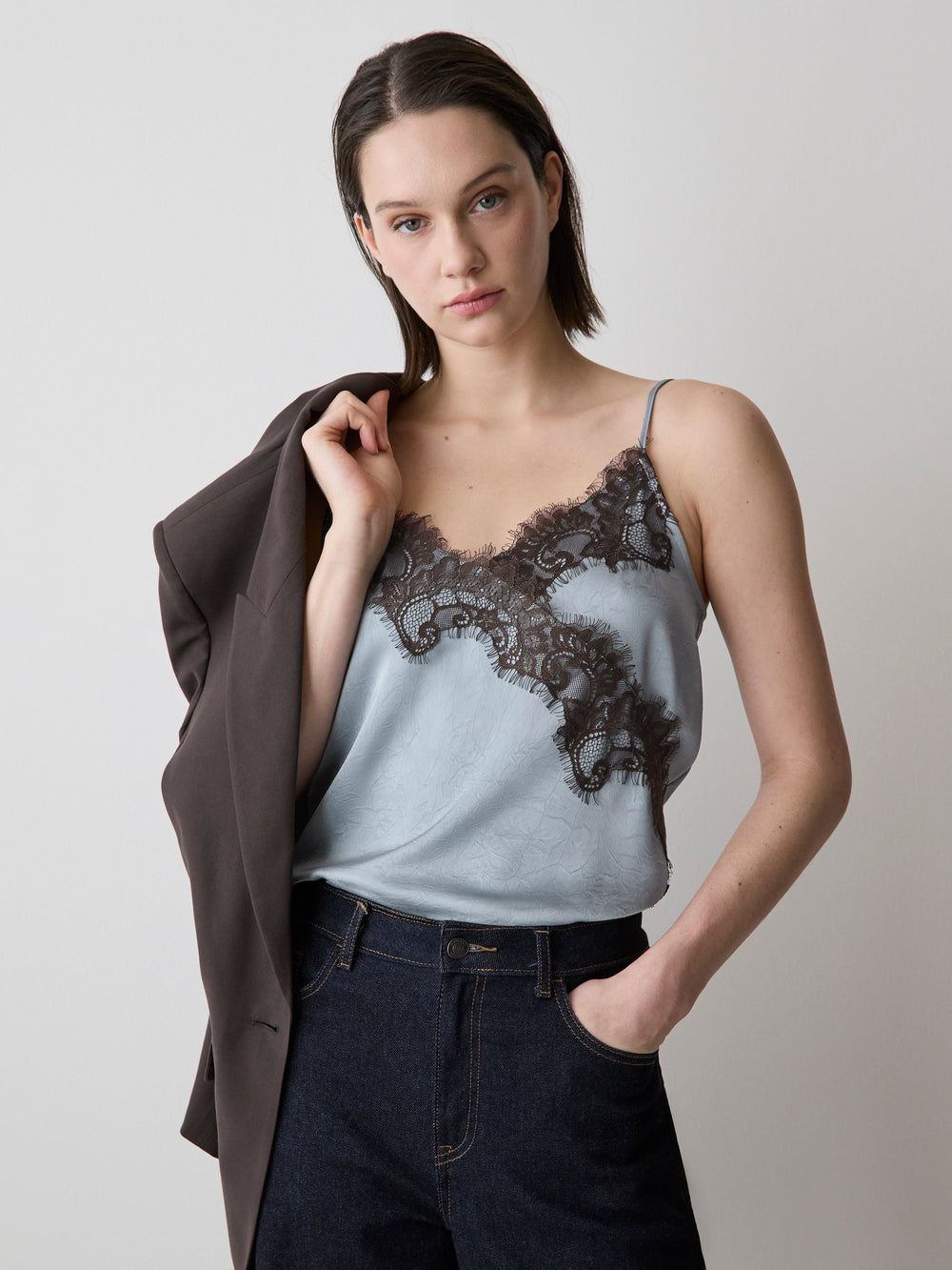 RW&CO Sleeveless V-Neck Satin Blouse with Lace Trim