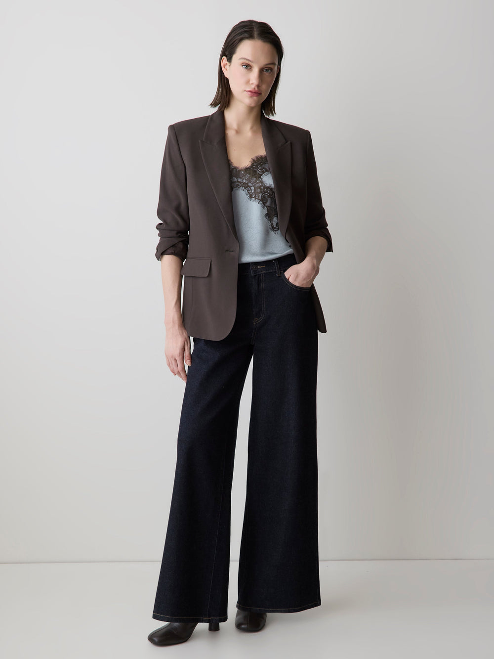 RW&CO Sleeveless V-Neck Satin Blouse with Lace Trim