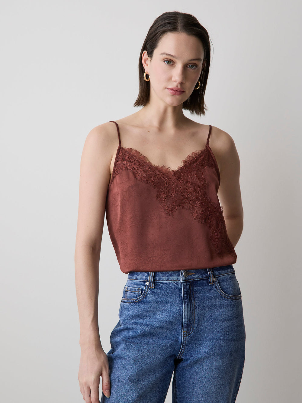 RW&CO Sleeveless V-Neck Satin Blouse with Lace Trim