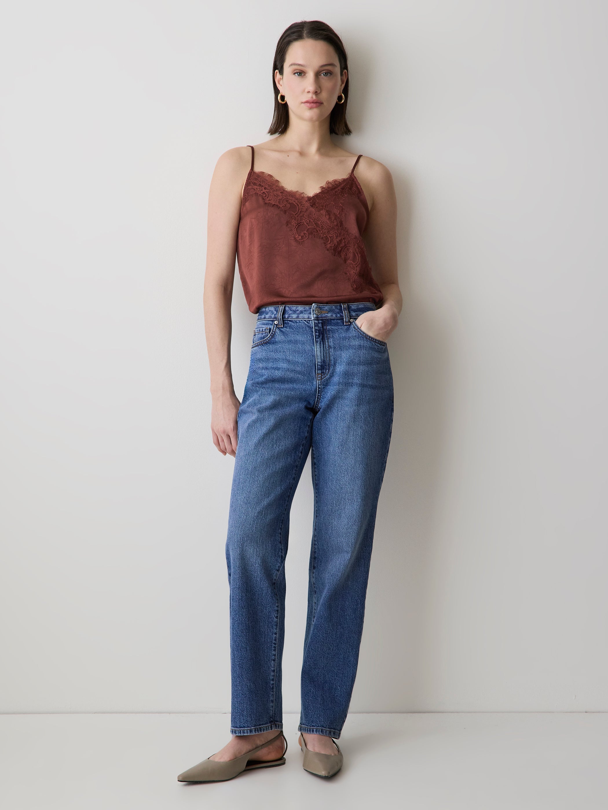 RW&CO Sleeveless V-Neck Satin Blouse with Lace Trim