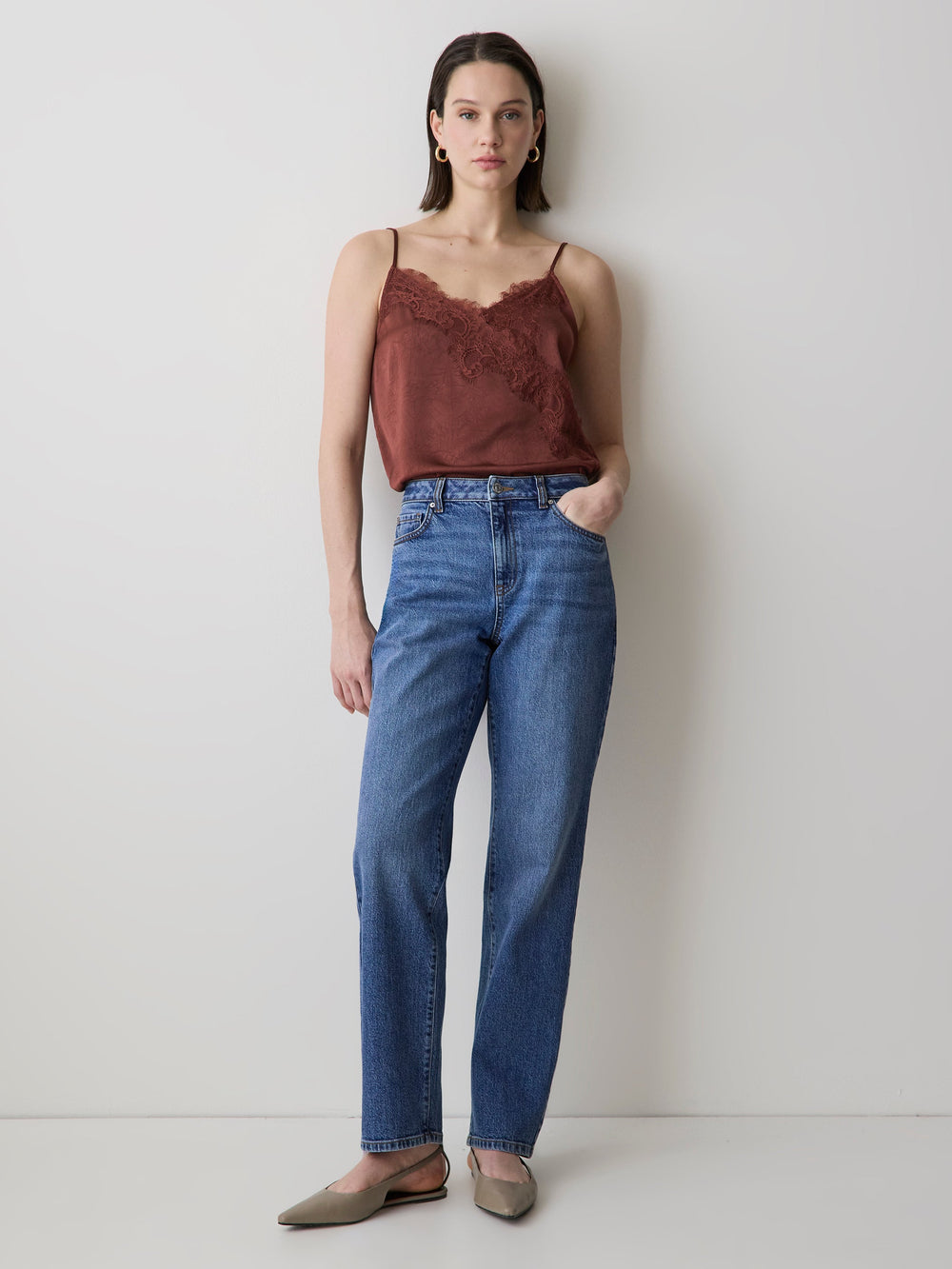 RW&CO Sleeveless V-Neck Satin Blouse with Lace Trim