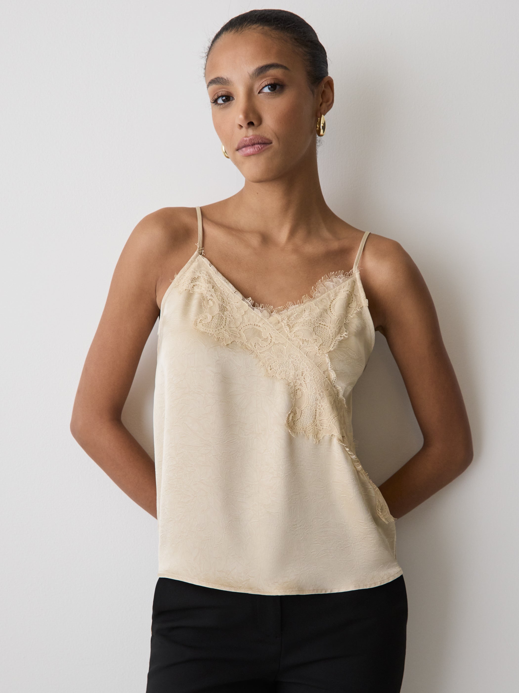 RW&CO Sleeveless V-Neck Satin Blouse with Lace Trim