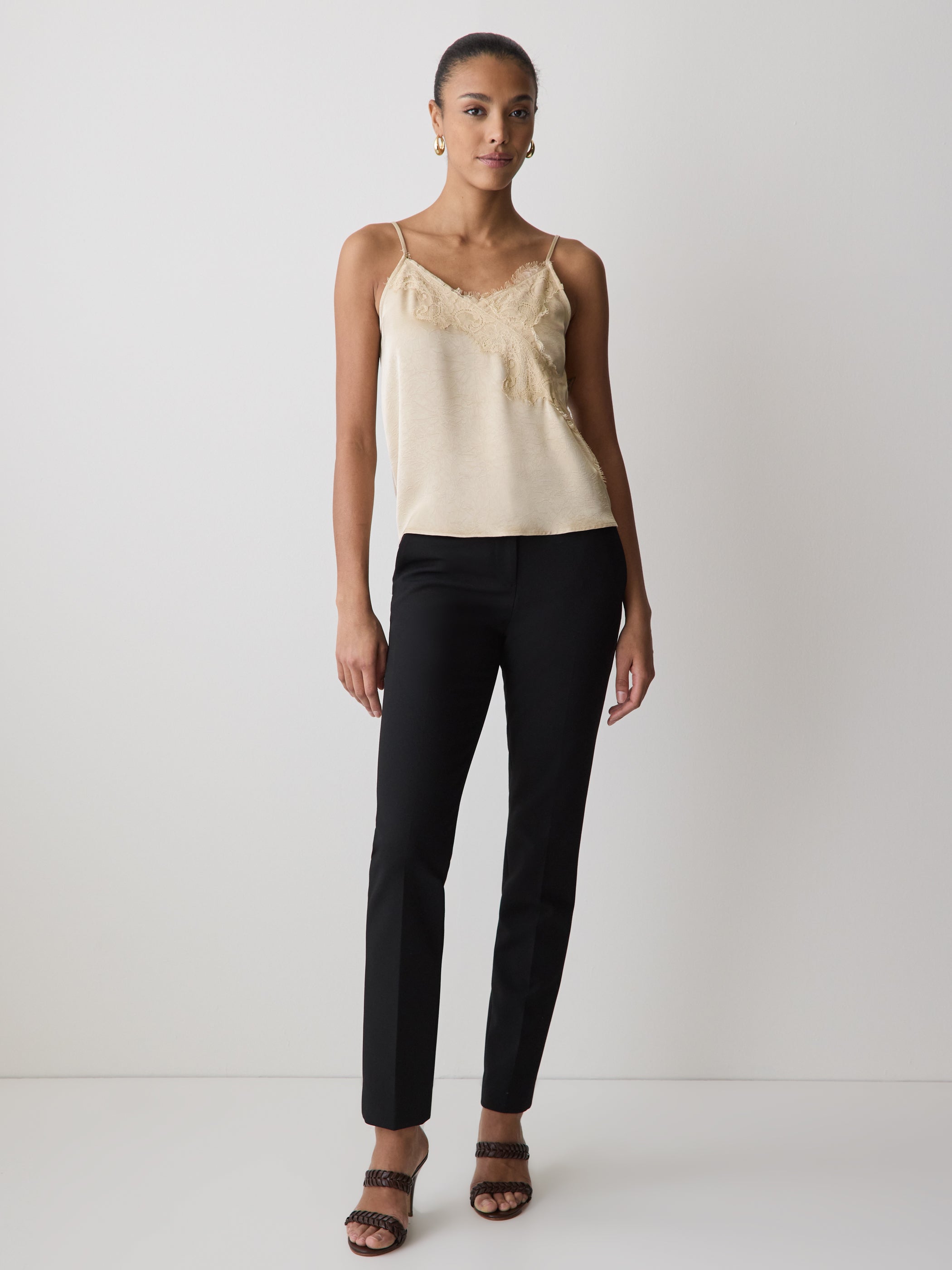 RW&CO Sleeveless V-Neck Satin Blouse with Lace Trim