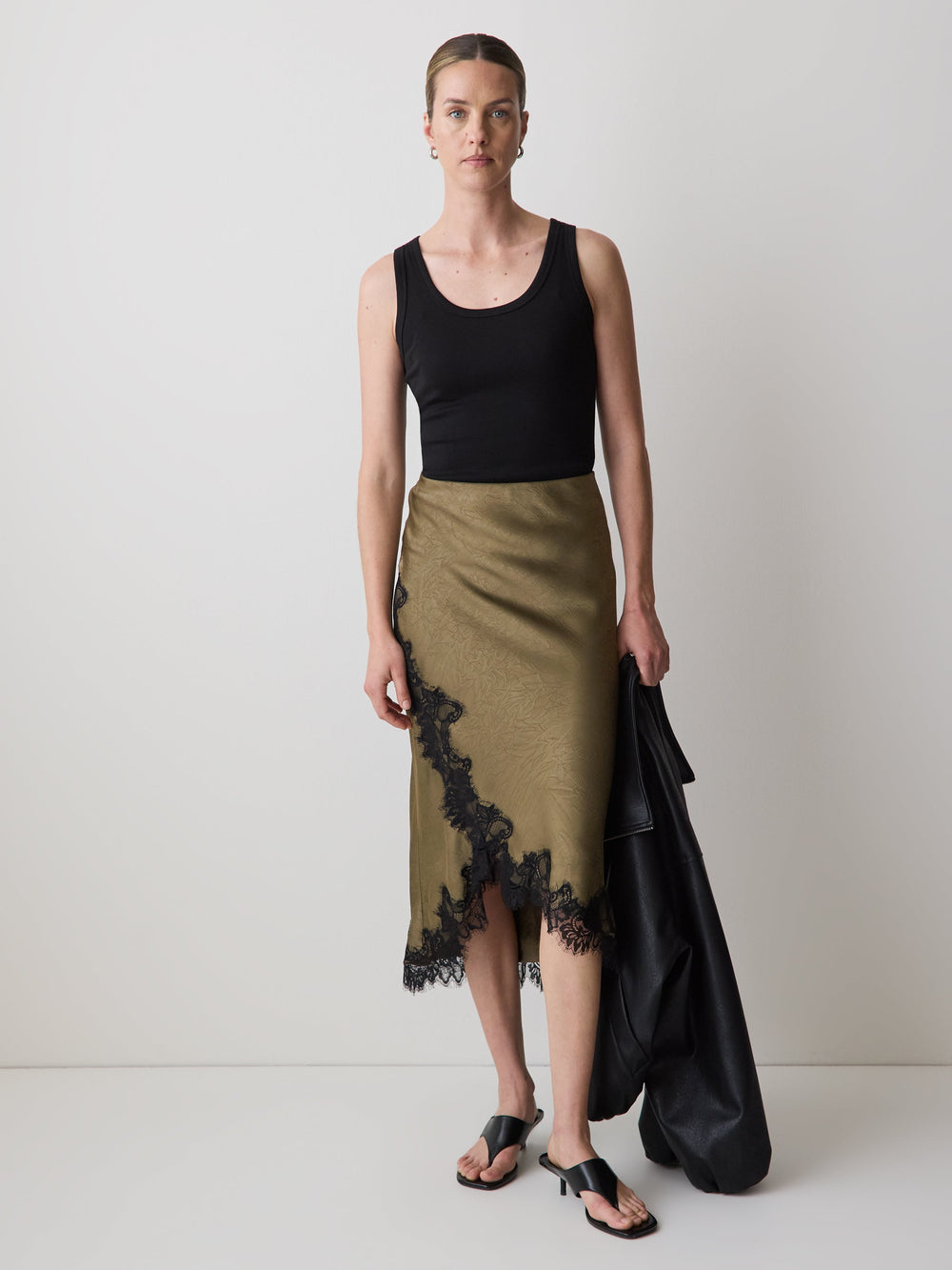 RW&CO High-Rise Satin Midi Skirt with Lace Trim