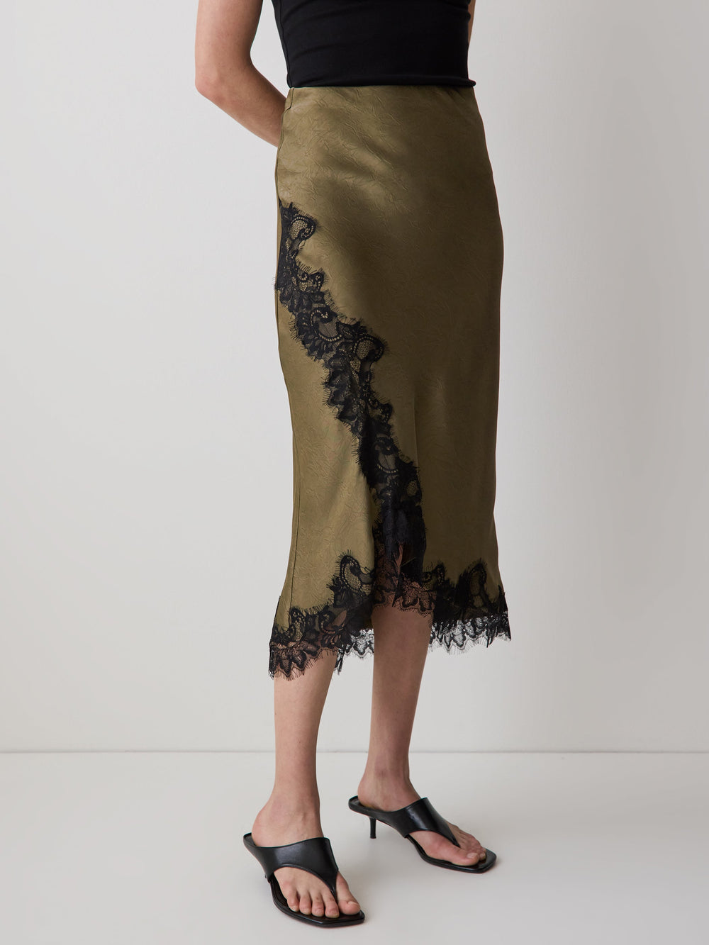 RW&CO High-Rise Satin Midi Skirt with Lace Trim