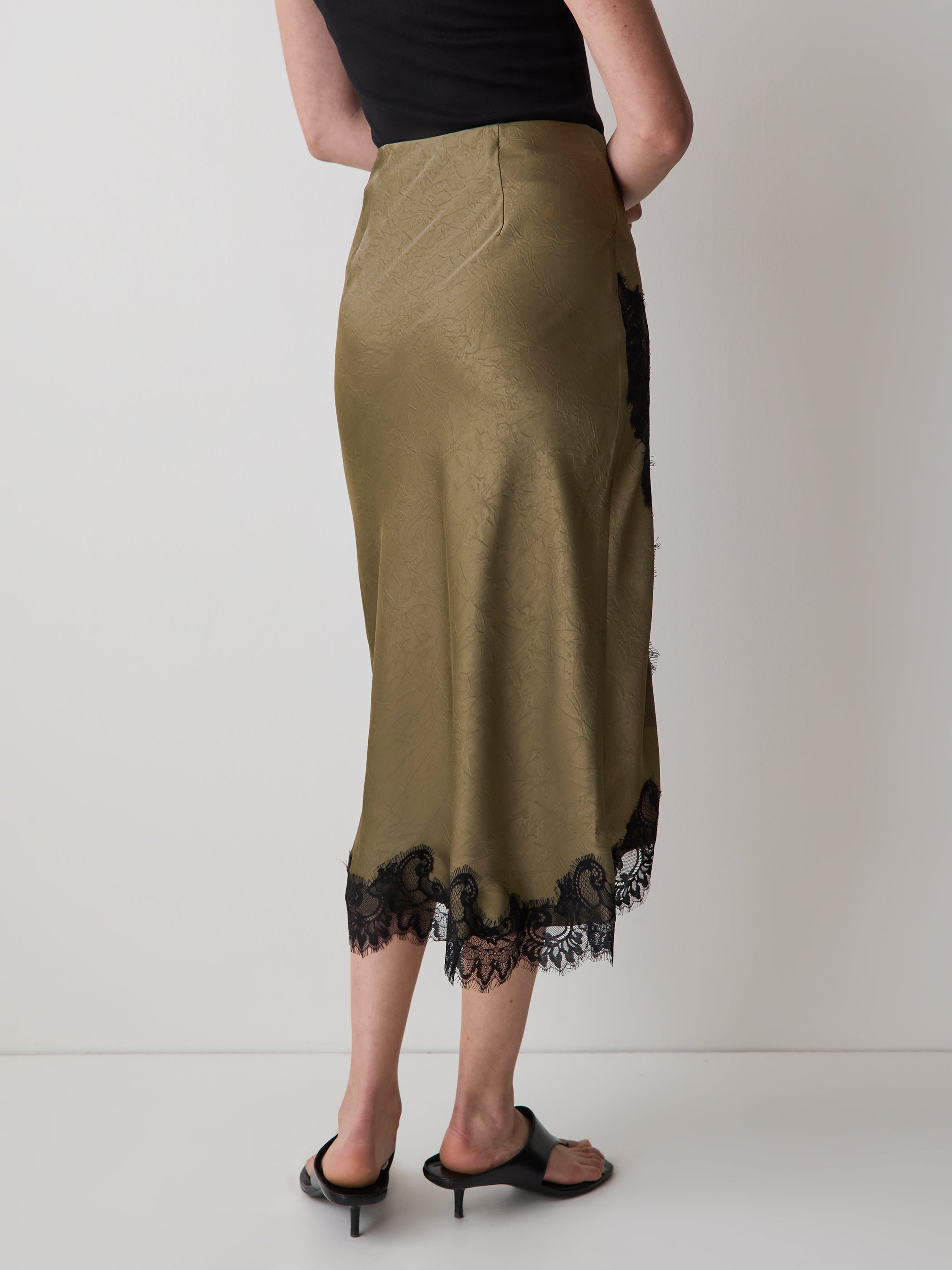 RW&CO High-Rise Satin Midi Skirt with Lace Trim