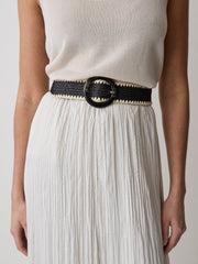 RW&CO Black and Beige Raffia Belt with Round Buckle