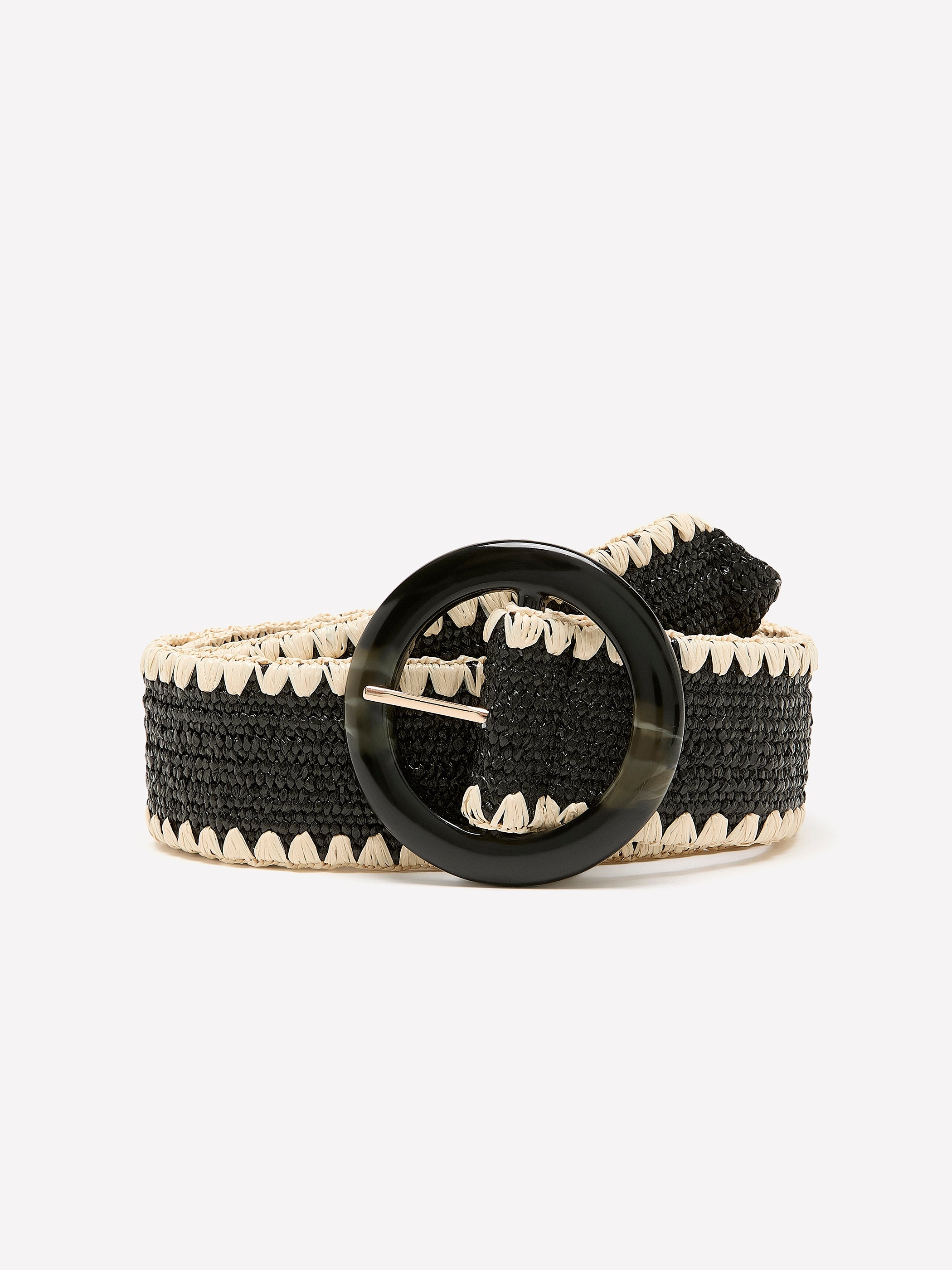 RW&CO Black and Beige Raffia Belt with Round Buckle