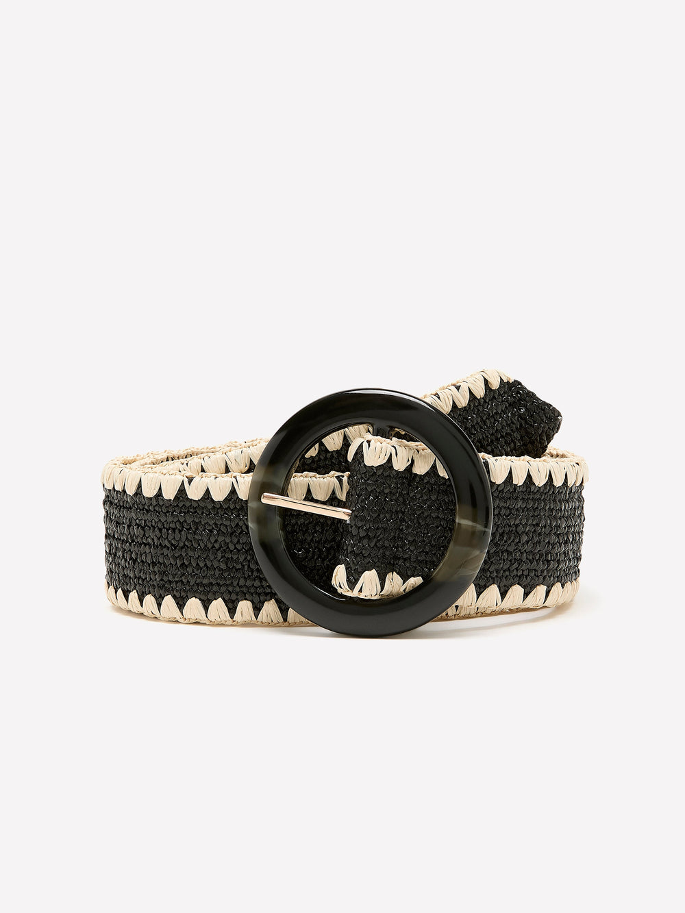RW&CO Black and Beige Raffia Belt with Round Buckle