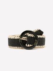 RW&CO Black and Beige Raffia Belt with Round Buckle