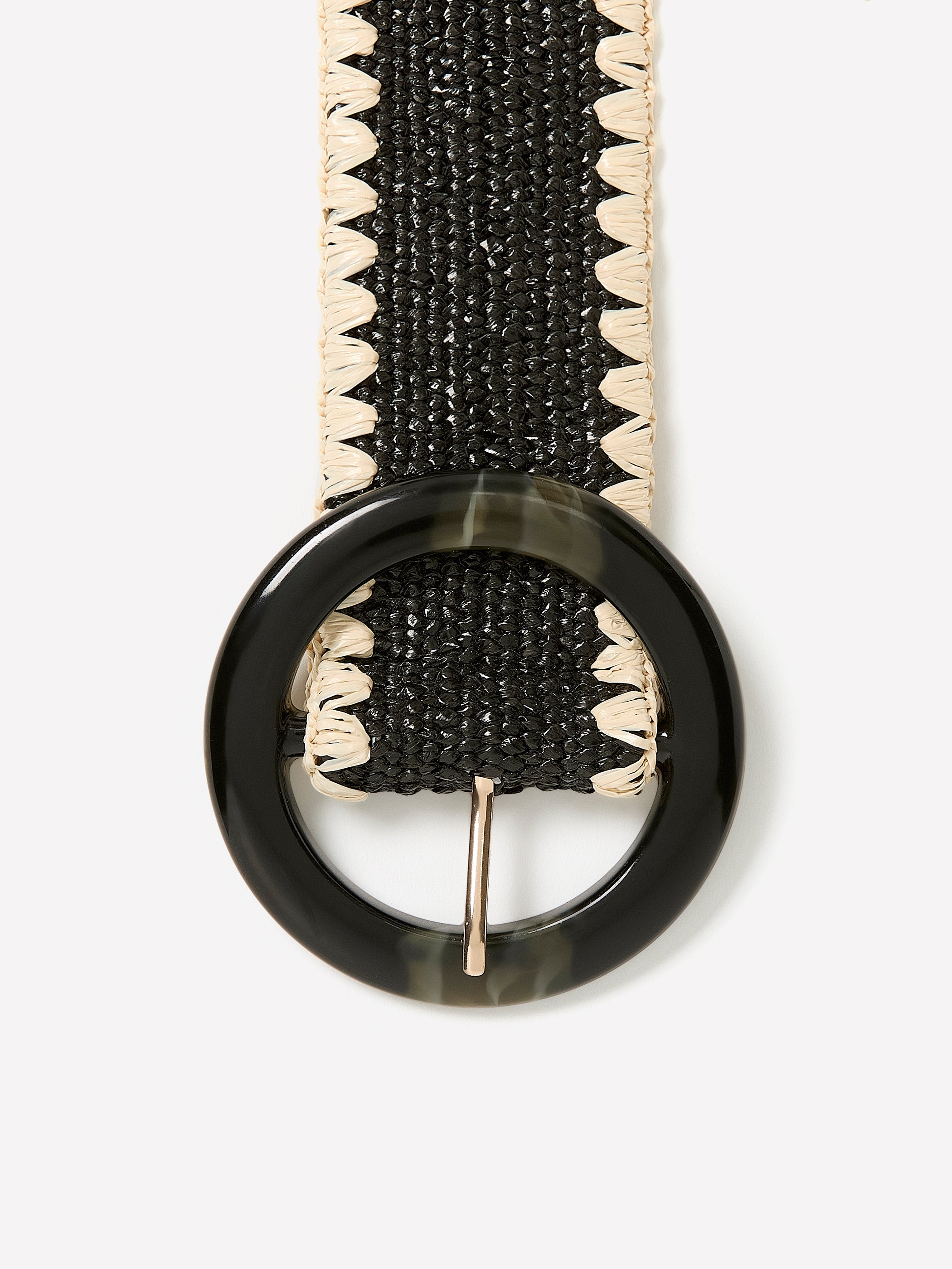 RW&CO Black and Beige Raffia Belt with Round Buckle