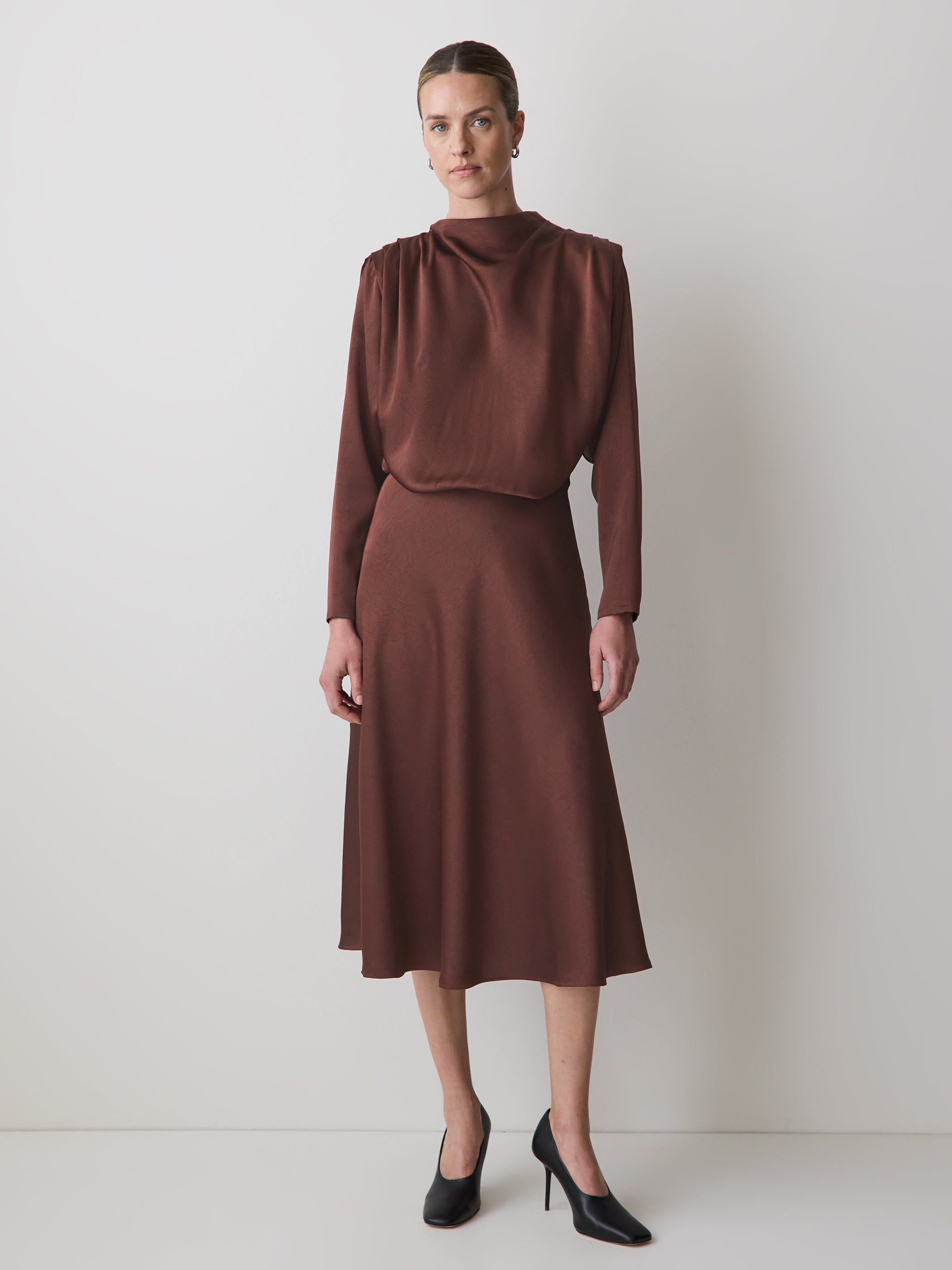 RW&CO Satin Long-Sleeve Draped Midi Dress