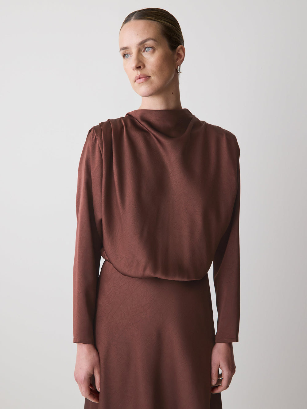 RW&CO Satin Long-Sleeve Draped Midi Dress