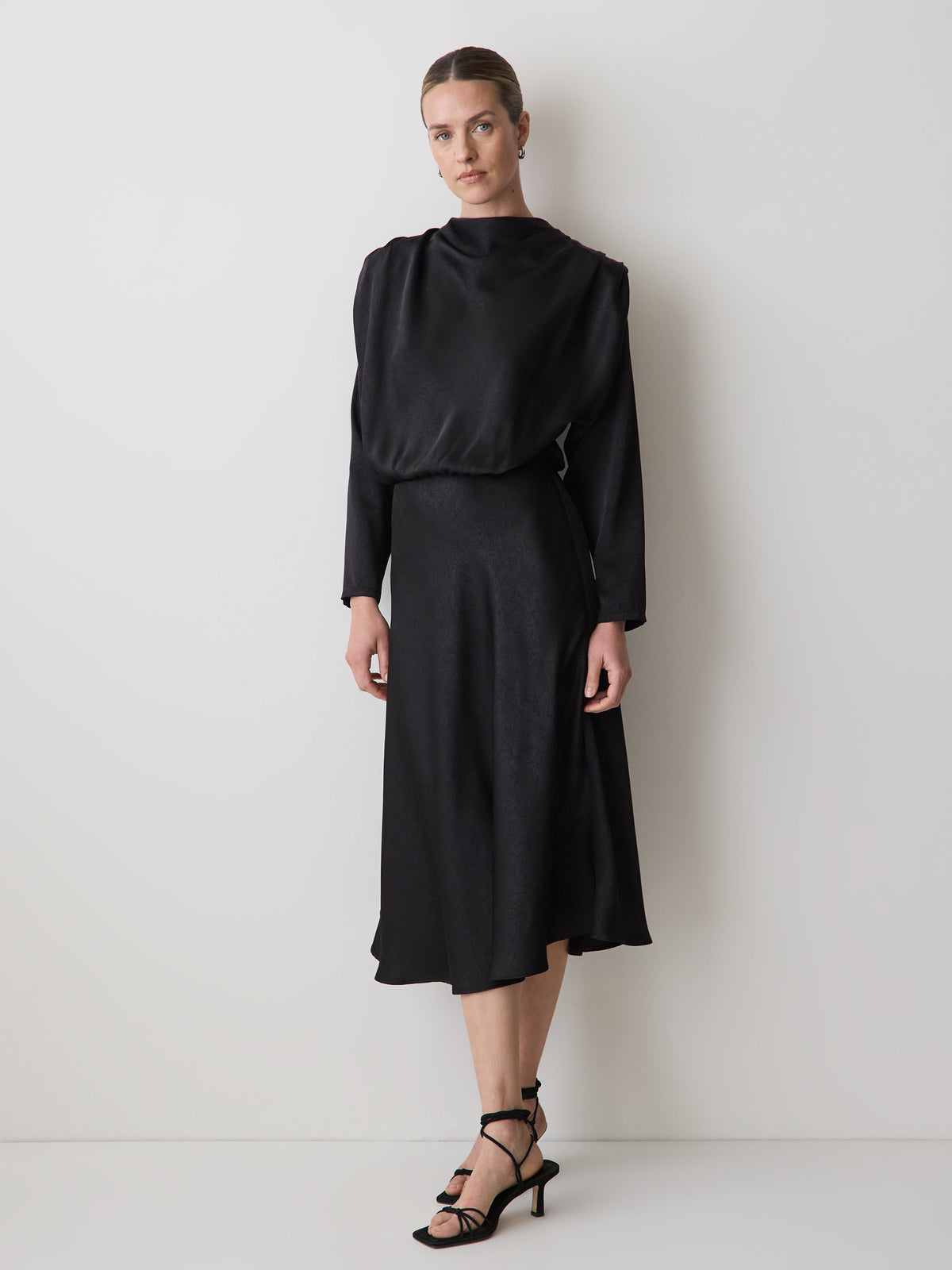 RW&CO Satin Long-Sleeve Draped Midi Dress