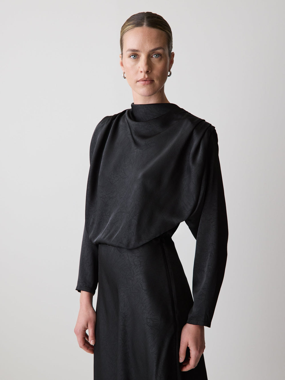 RW&CO Satin Long-Sleeve Draped Midi Dress