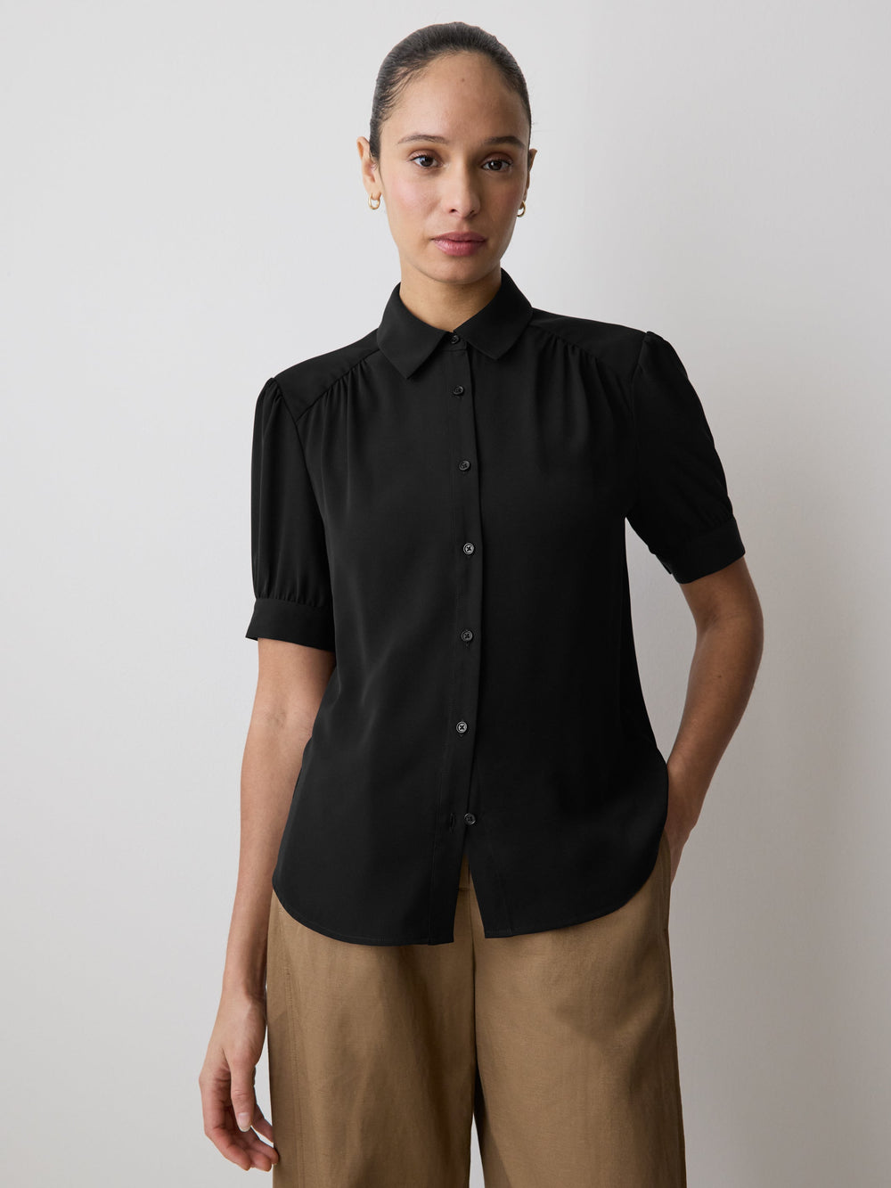 RW&CO Silky Crepe Short-Sleeve Buttoned-Down Blouse