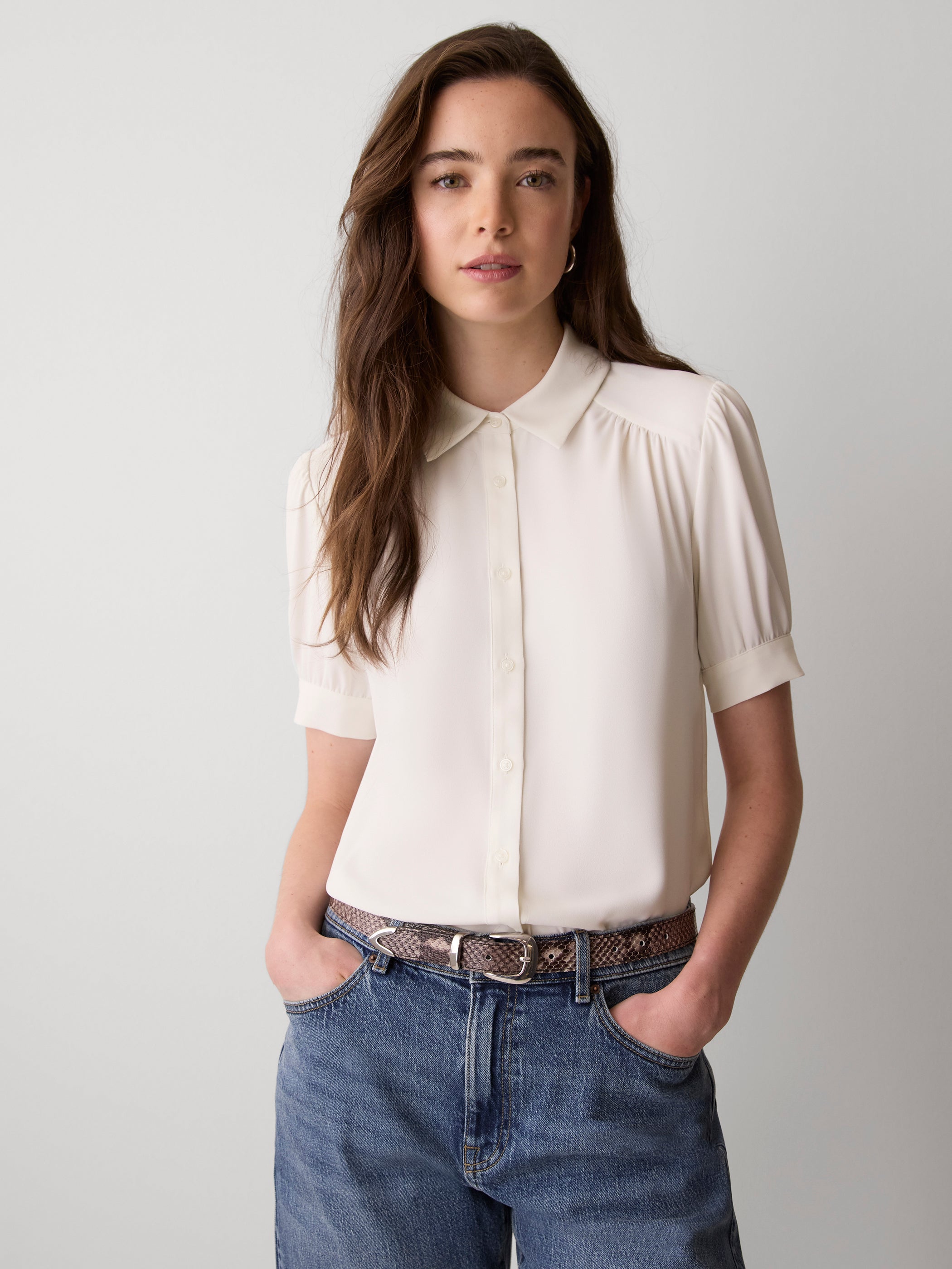 RW&CO Silky Crepe Short-Sleeve Buttoned-Down Blouse