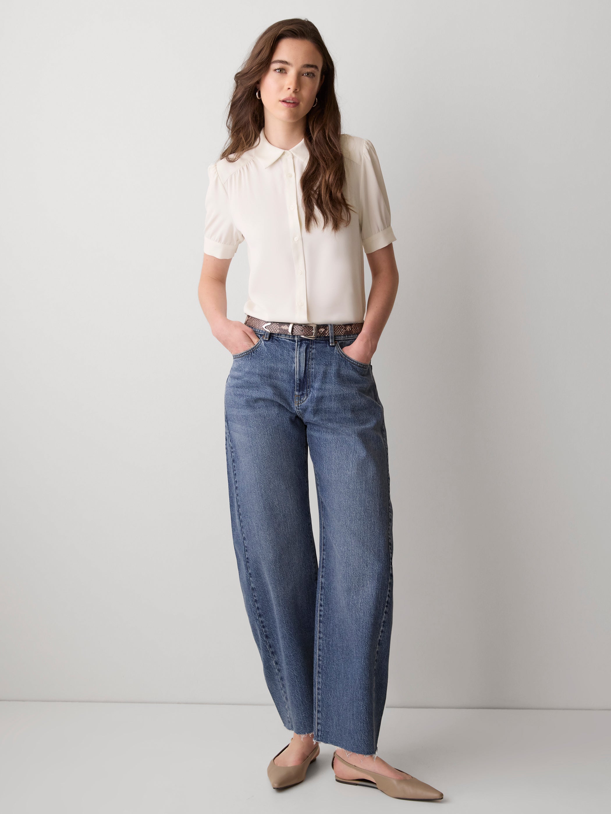 RW&CO Silky Crepe Short-Sleeve Buttoned-Down Blouse